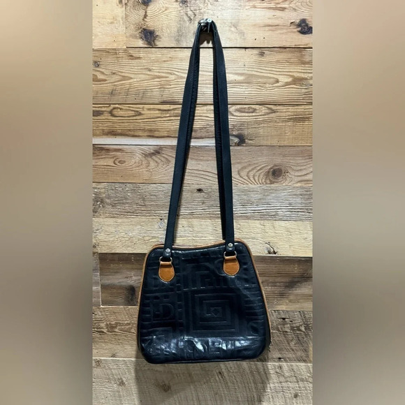 Vintage DUE FRATELLI Leather Shoulder hand Bag black tan double zipper  rare - Picture 2 of 7